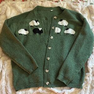 Green Sheep Motif Button-Up Women's Cardigan Sweater